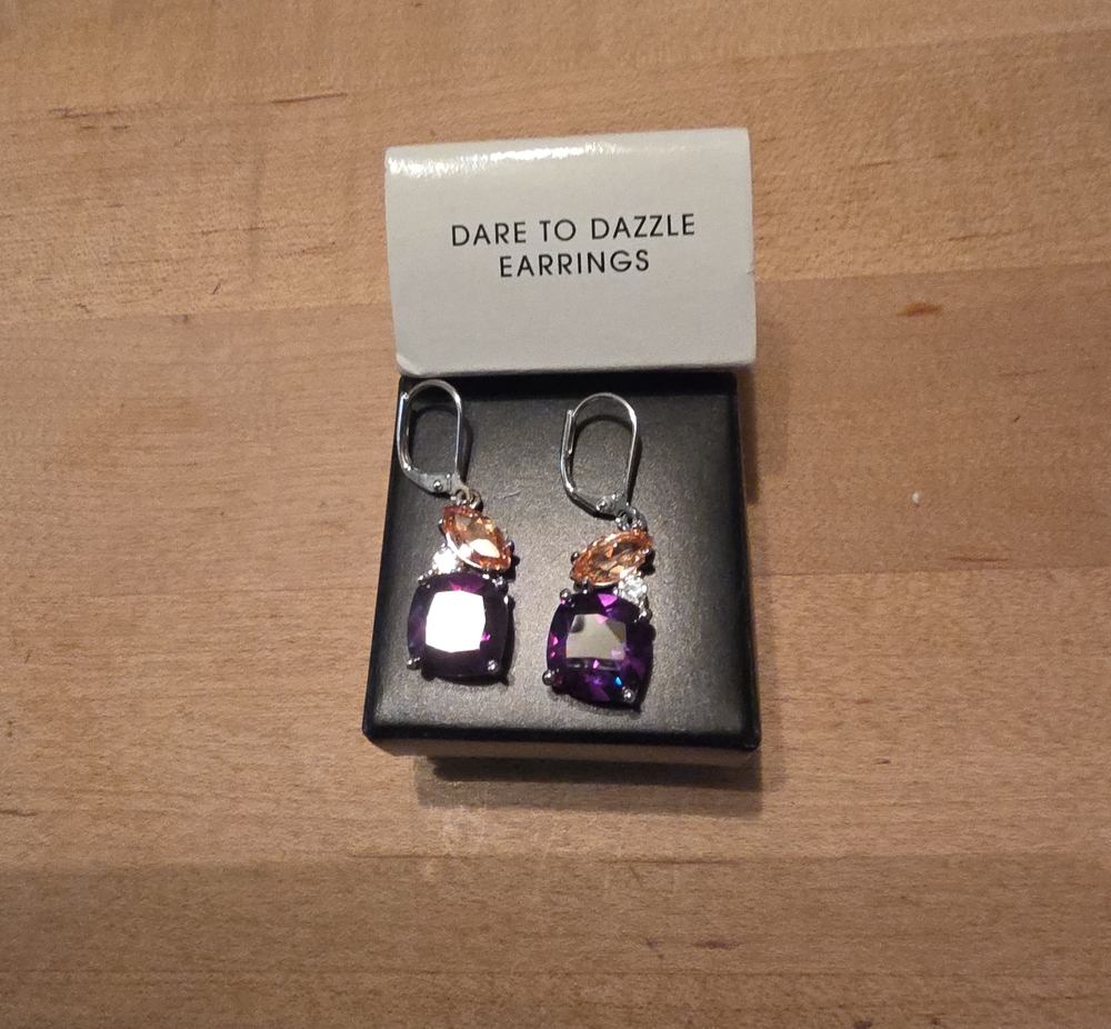 Avon Silver-Tone Purple and Peach Crystal Drop Earrings